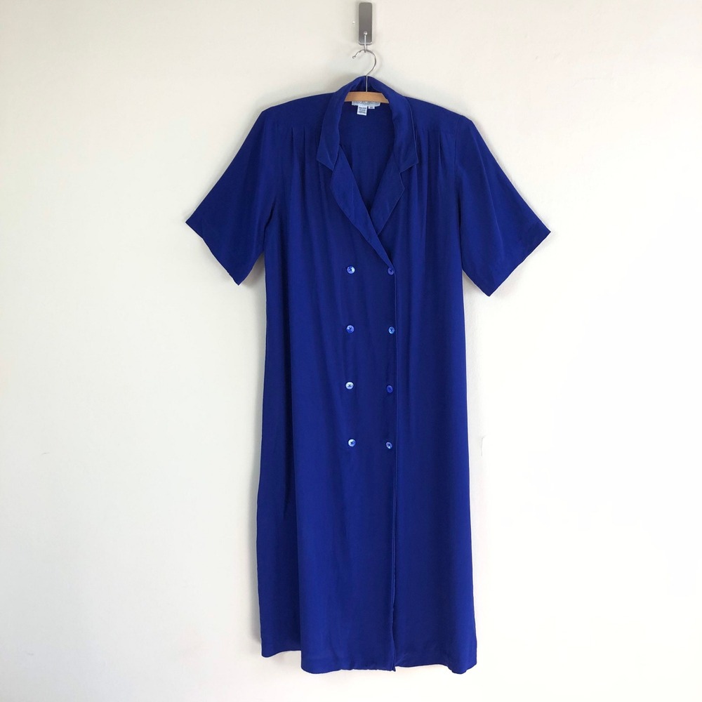 vintage 90s cobalt blue silk shirt dress midi double breasted minimalist - Picture 8 of 10